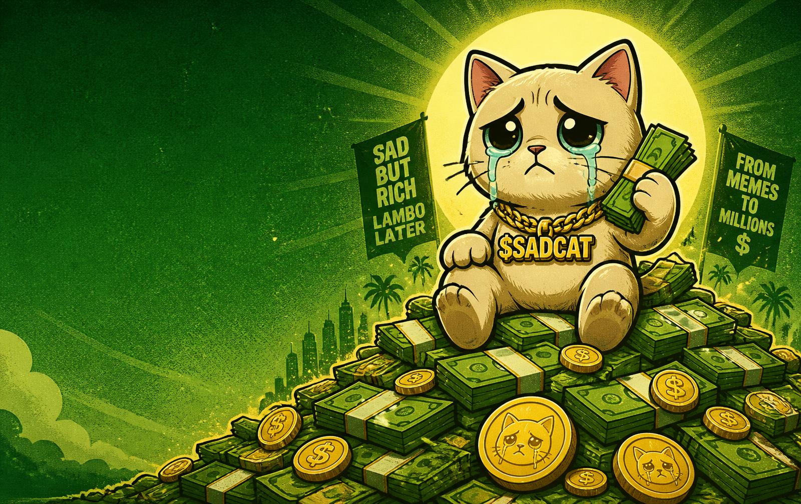 Cash Cat sitting on a pile of cash